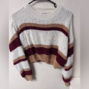 Chic Striped Knit Sweater - Cream, Burgundy, and Tan